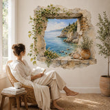 Stone Window Ocean View Wall Decal | Watercolor Mediterranean Coastal Mural | Rustic Seaside Wall Sticker | Vinyl Wall Decor | Seaside Decor
