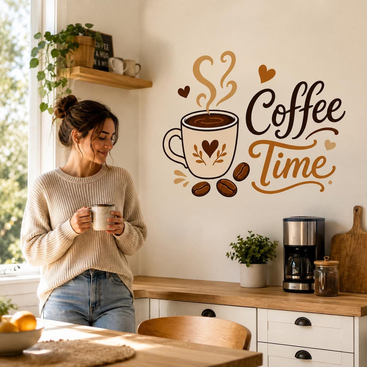 Coffee Time Wall Decal | Coffee Cup and Beans Vinyl Wall Sticker | Kitchen Coffee Bar Decor | Home Cafe Wall Decor | Coffee Station Wall Art