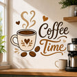 Coffee Time wall decal in brown and caramel script, with a steaming cream coffee cup, three beans, hearts and flourishes.