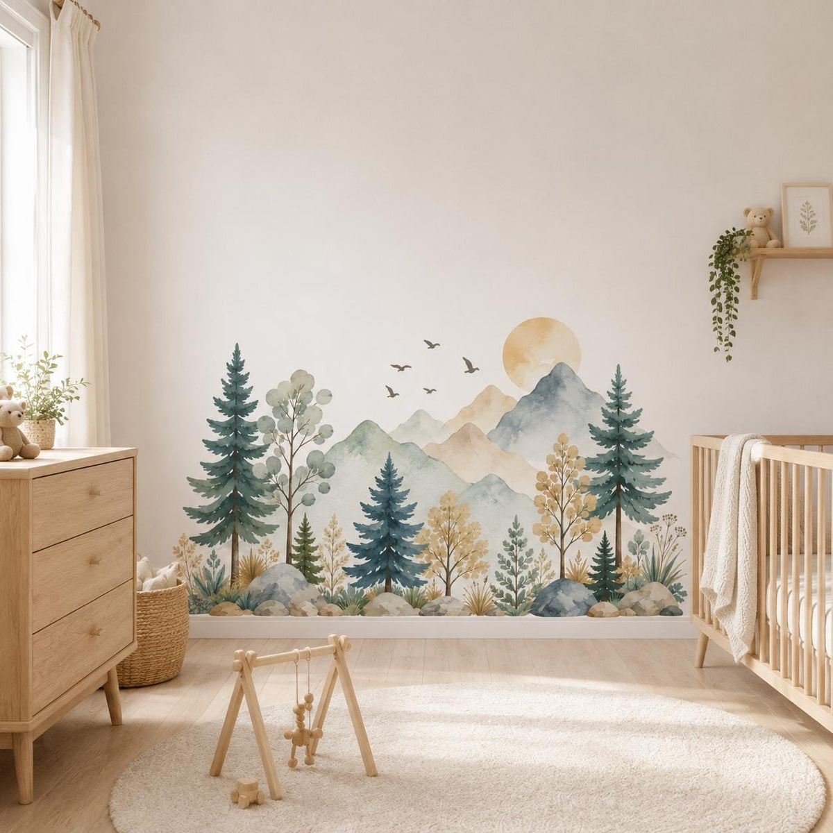 Watercolor Mountain Woodland Wall Decal | Forest Nursery Wall Mural | Kids Room Nature Decor | Vinyl Wall Sticker | Soft Baby Room Decor