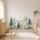 Watercolor Mountain Woodland Wall Decal | Forest Nursery Wall Mural | Kids Room Nature Decor | Vinyl Wall Sticker | Soft Baby Room Decor