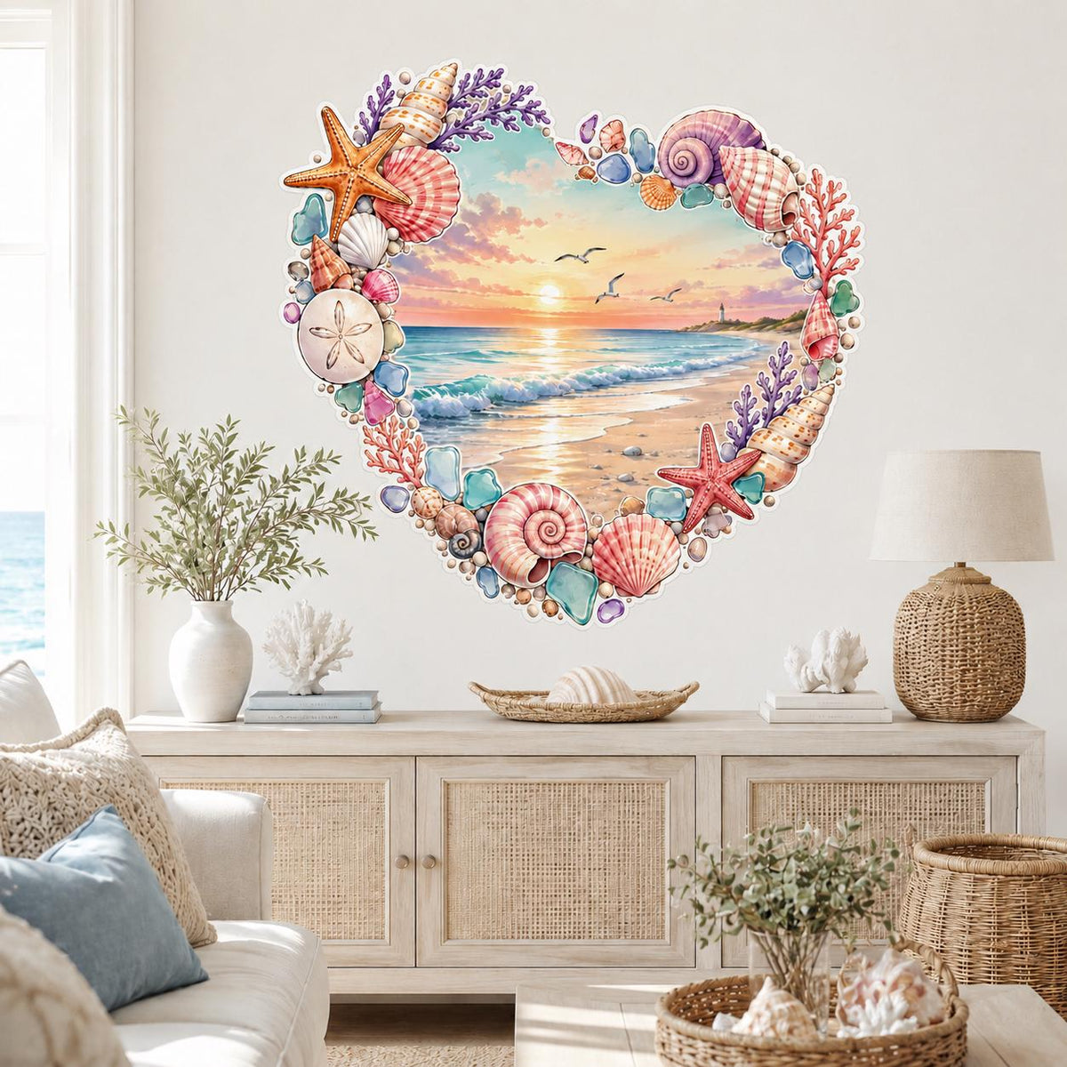 Heart Beach Wall Decal | Seashell Coastal Wall Sticker | Ocean Sunset Wall Art | Seashell Starfish Decor | Romantic Seaside Wall Decorations