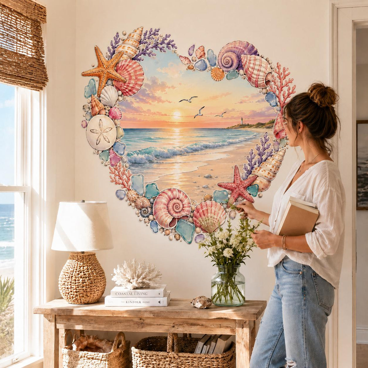 Heart Beach Wall Decal | Seashell Coastal Wall Sticker | Ocean Sunset Wall Art | Seashell Starfish Decor | Romantic Seaside Wall Decorations