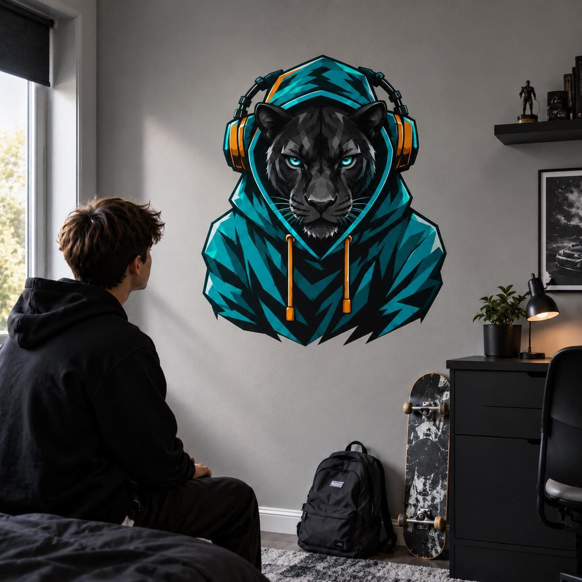 Black leopard gamer wall decal with turquoise eyes, a teal hoodie and orange-accented headphones