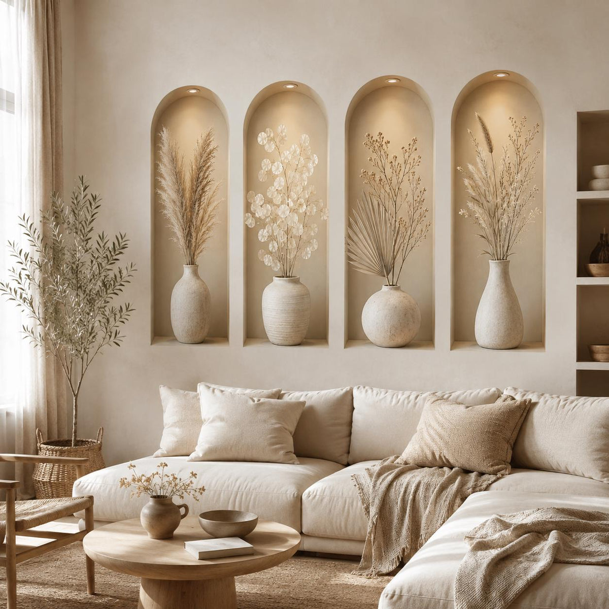 3D Vase Wall Niche Decal | Faux Recessed Shelf Wall Sticker | Neutral Botanical Wall Art | Beige Modern Decor | Living Room Wall Decorations