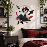 Gothic Bat Girl Wall Decal | Cute Spooky Vinyl Sticker | Gothic Bedroom Decor | Dark Kawaii Anime Wall Art | Vampire Inspired Moon Decor