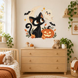 Halloween Black Cat and Pumpkin Wall Decal | Cute Ghost Moon Bat Vinyl Sticker | Kids Room Nursery Classroom Decor | Cozy Autumn Wall Art