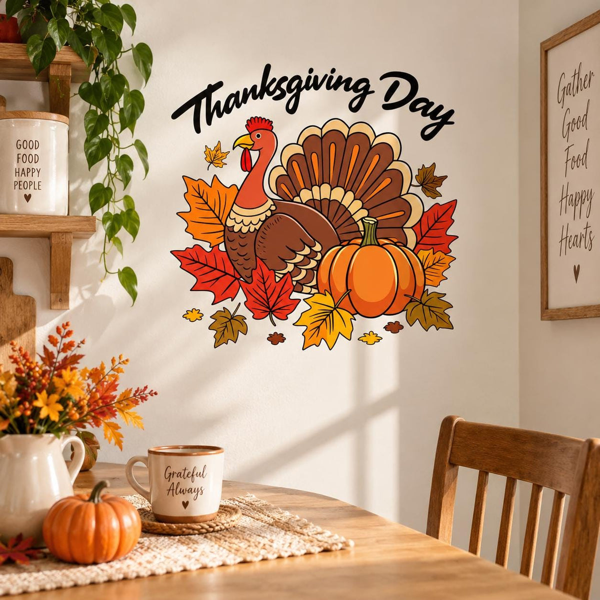 Thanksgiving Turkey and Pumpkin Wall Decal | Fall Leaves Vinyl Wall Sticker | Autumn Kitchen and Dining Room Decor | Harvest Party Decor