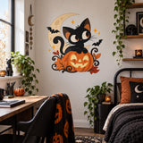 Black Cat Pumpkin Halloween Wall Decal | Cute Jack O Lantern Moon Vinyl Wall Sticker | Fall Home Wall Decor | Kid Friendly Party Decoration