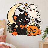 Black Cat Halloween Wall Decal with Pumpkin | Cute Kawaii Ghost Vinyl Sticker | Kids Room Classroom Decor | Cute Spooky Autumn Wall Decor