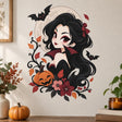 Cute vampire girl with black hair and burgundy eyes, framed by a pale moon, smiling bats, pumpkin and autumn flowers.