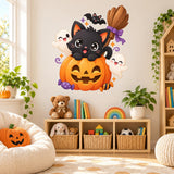 Cute Halloween Cat Pumpkin Wall Decal | Kawaii Ghost and Bat Vinyl Sticker | Kids Room Nursery Decor | Cartoon Jack O Lantern Wall Art Decor