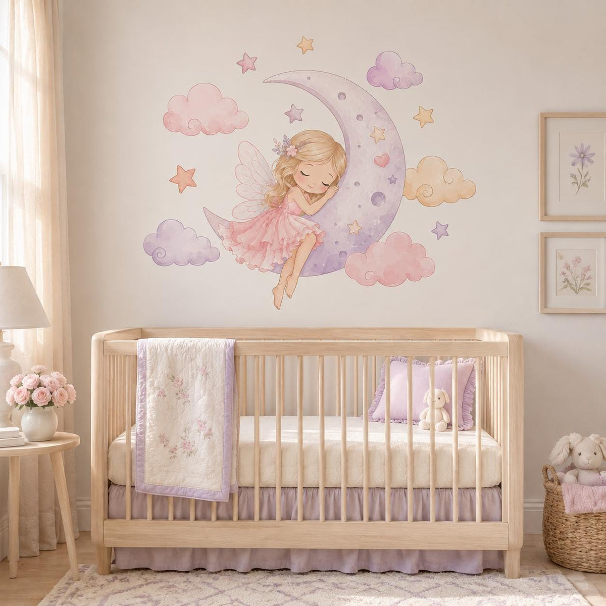Sleeping Fairy Moon Wall Decal | Watercolor Fairy Wall Sticker | Girls Nursery Decor | Crescent Moon Wall Art | Kids Bedroom Wall Decoration