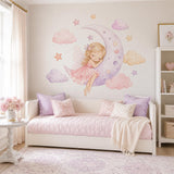 Sleeping Fairy Moon Wall Decal | Watercolor Fairy Wall Sticker | Girls Nursery Decor | Crescent Moon Wall Art | Kids Bedroom Wall Decoration