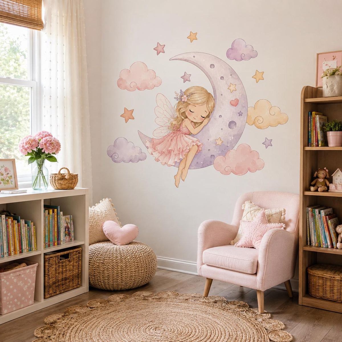Sleeping Fairy Moon Wall Decal | Watercolor Fairy Wall Sticker | Girls Nursery Decor | Crescent Moon Wall Art | Kids Bedroom Wall Decoration