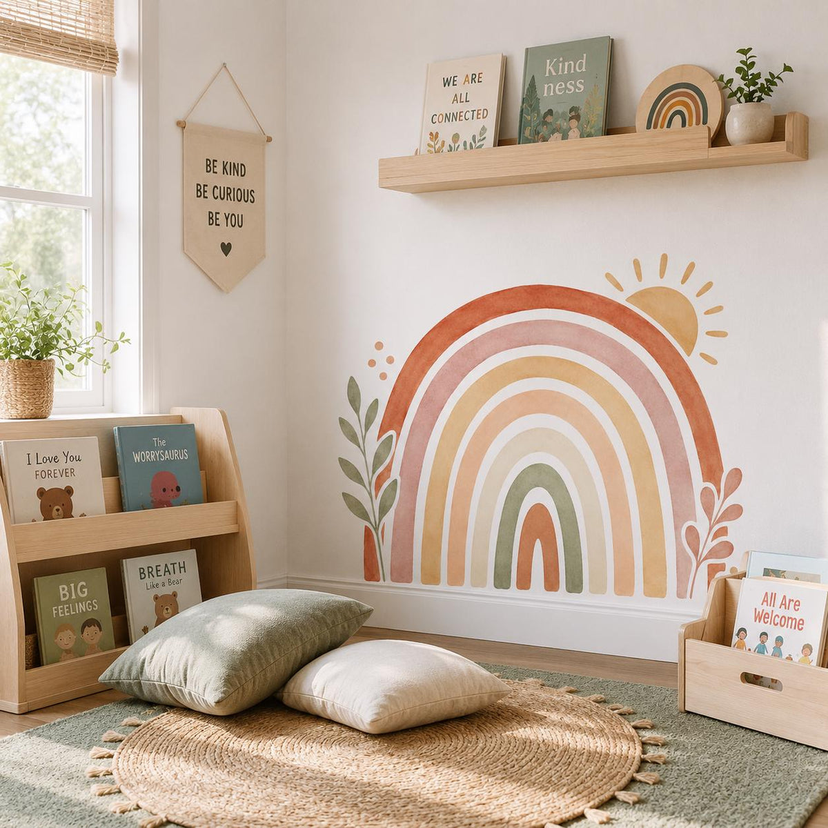 Boho Rainbow Wall Decal Sun and Botanical Leaves | Earth Tone Nursery Wall Decor | Gender Neutral Kids Room Mural | Watercolor Vinyl Decal