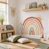 Boho Rainbow Wall Decal Sun and Botanical Leaves | Earth Tone Nursery Wall Decor | Gender Neutral Kids Room Mural | Watercolor Vinyl Decal