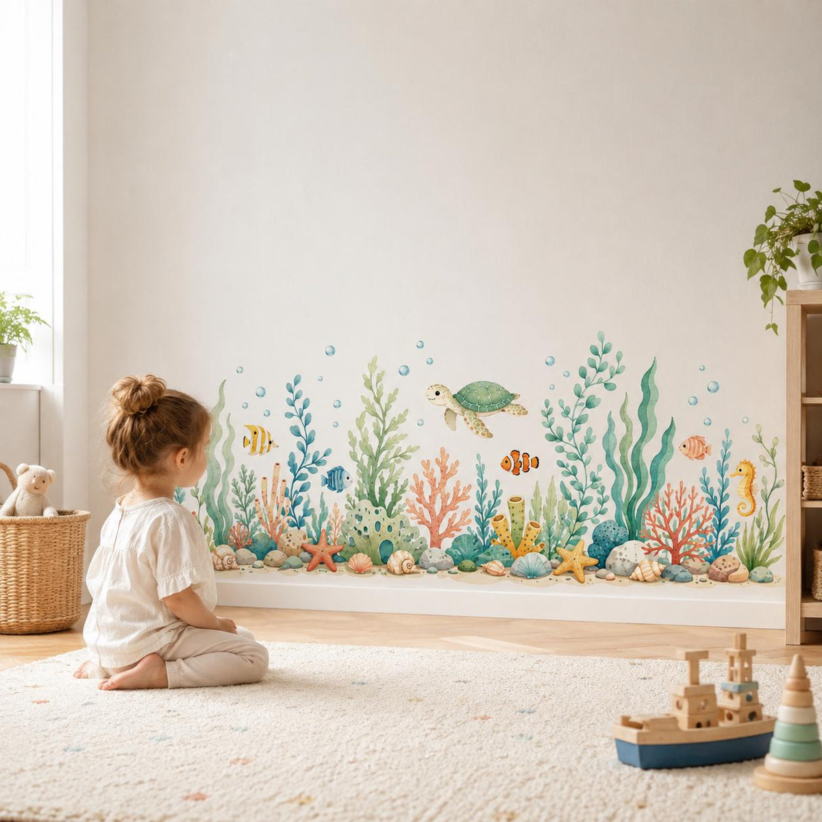 Watercolor Ocean Wall Decal with Sea Turtle and Fish | Underwater Nursery Wall Sticker | Coral Reef Kids Room Decor | Vinyl | Coral Reef Art