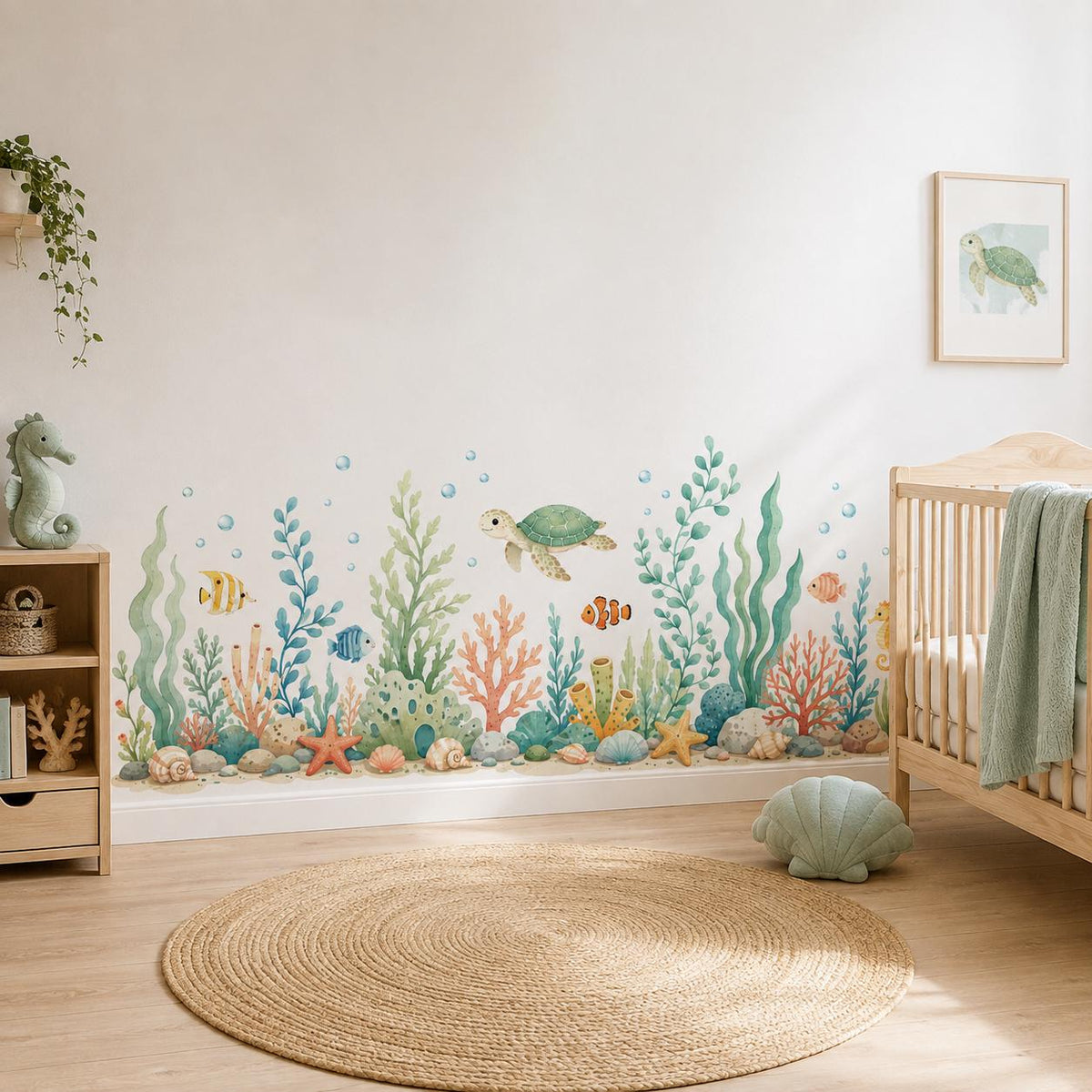 Watercolor Ocean Wall Decal with Sea Turtle and Fish | Underwater Nursery Wall Sticker | Coral Reef Kids Room Decor | Vinyl | Coral Reef Art