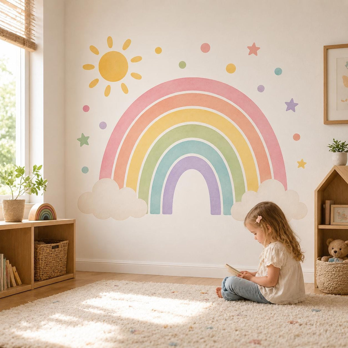 Pastel Rainbow Wall Decal with Clouds Sun and Stars | Watercolor Nursery Wall Sticker | Kids Room Vinyl Decor | Gender Neutral Nursery Decor