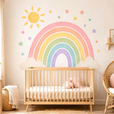 Six pastel rainbow arches in pink, peach, yellow, green, aqua and lavender, with cream clouds, a sun, stars and dots.