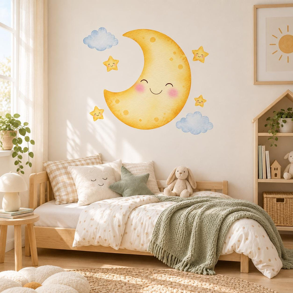 Smiling Moon Wall Decal | Cute Moon Stars Wall Sticker | Nursery Celestial Decor | Baby Room Wall Art | Kids Bedroom Decor | Moon Star Decor