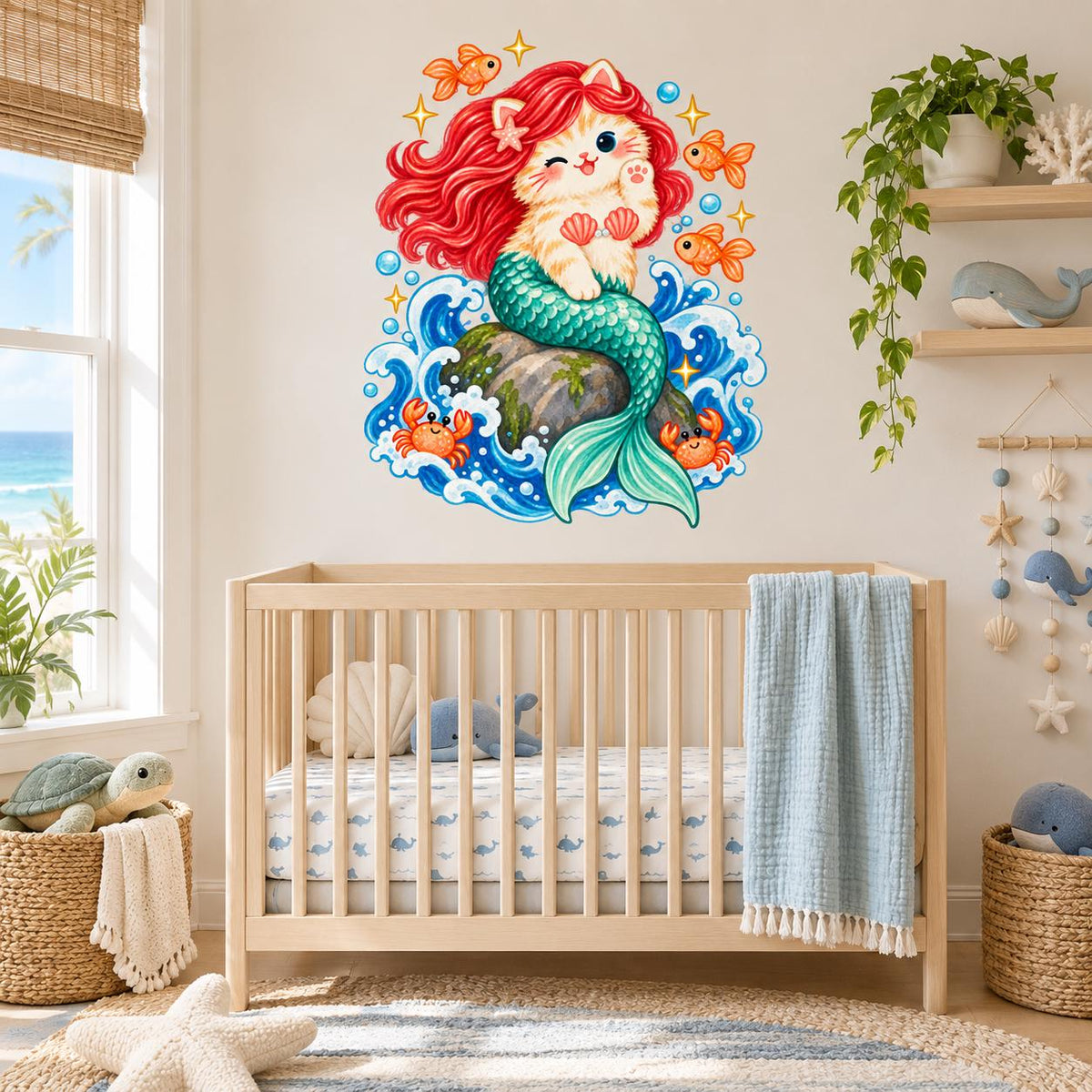 Mermaid Cat Wall Decal | Cute Kitty Mermaid Wall Sticker | Ocean Nursery Decor | Girls Kids Room Wall Art | Sea Creature Bedroom Decorations