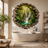 Tropical Waterfall Wall Decal | 3D Broken Brick Jungle Mural | Rainforest Wall Sticker | Nature Living Room Decor | Faux Window Wall Decor