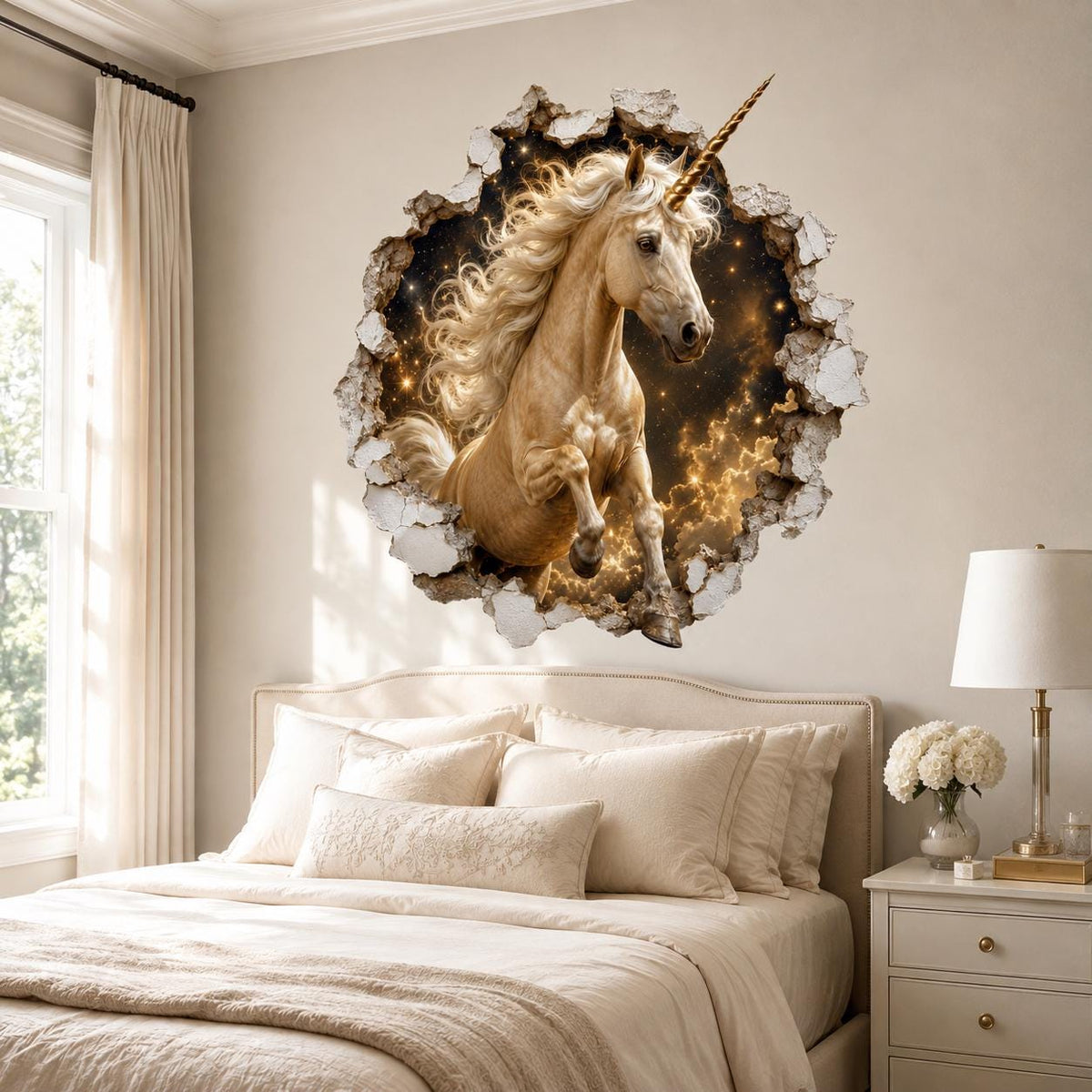 Golden Unicorn 3D Wall Decal | Fantasy Unicorn Wall Sticker | Broken Wall Illusion | Magical Horse Decor | Kids Room Decor | Cosmic Wall Art