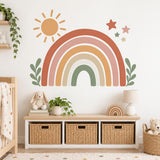 Boho Rainbow Wall Decal with Sun and Stars | Neutral Nursery Wall Decor | Retro Kids Room Vinyl Sticker | Earth Tone Playroom Wall Decor