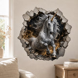 Silver-gray unicorn wall decal with a gold-colored horn, cracked-stone border, stars and swirling golden light trails.