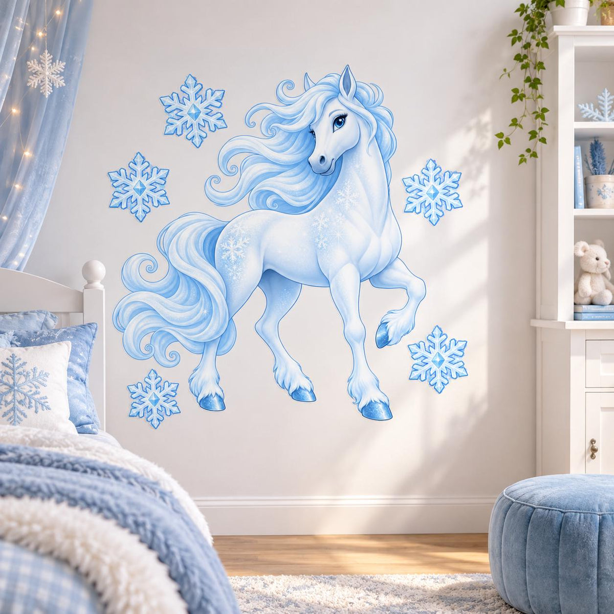 Winter Unicorn Wall Decal with Snowflakes | Icy Blue Vinyl Nursery Decor | Whimsical Kids Bedroom Wall Sticker | Fantasy Room Decoration