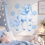 White unicorn wall decal with an icy-blue mane and tail, blue hooves and four separate blue snowflakes.