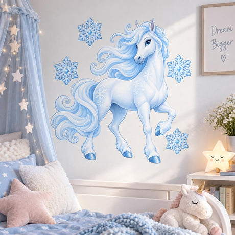 White unicorn wall decal with an icy-blue mane and tail, blue hooves and four separate blue snowflakes.