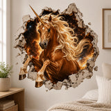 Golden-brown unicorn with an ivory mane inside a printed broken-stone opening, backed by fiery orange galaxy clouds.