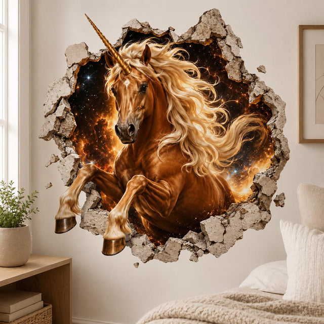 Golden-brown unicorn with an ivory mane inside a printed broken-stone opening, backed by fiery orange galaxy clouds.