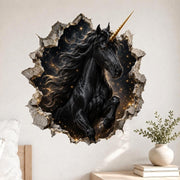 Black unicorn with a gold-colored spiral horn, framed by gray stone with golden cracks against a dark starry sky.