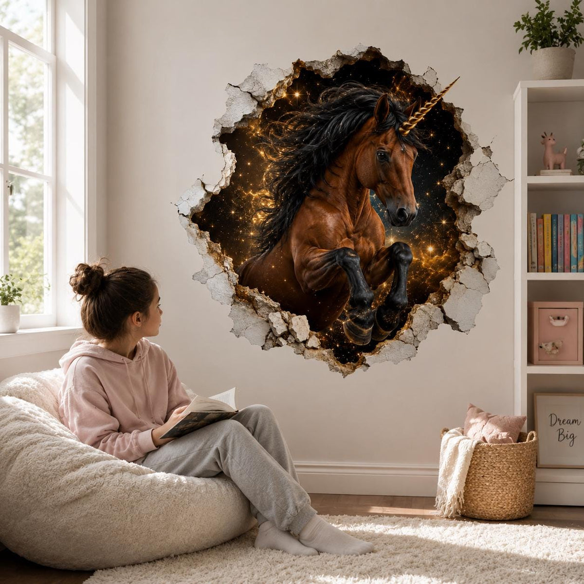 3D Unicorn Wall Decal | Cosmic Fantasy Horse Vinyl Sticker | Broken Wall Effect Bedroom Decor | Gold Black Unicorn Room Decor | Celestial