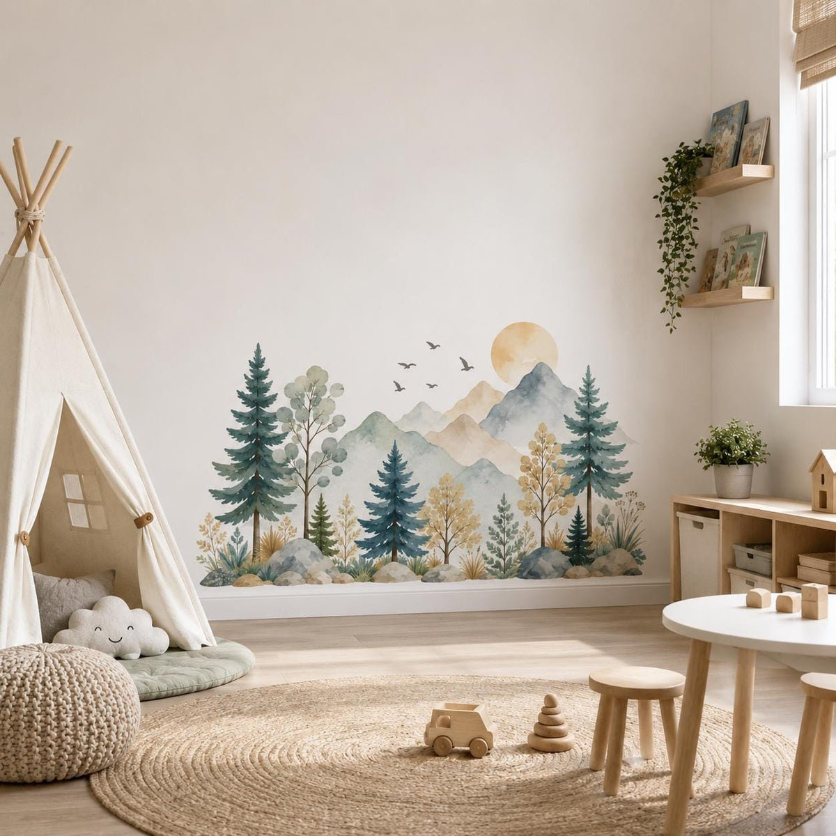 Watercolor Mountain Woodland Wall Decal | Forest Nursery Wall Mural | Kids Room Nature Decor | Vinyl Wall Sticker | Soft Baby Room Decor