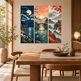 Three-panel Japanese garden wall art showing koi beneath a bridge, a torii gate and a traditional pagoda.