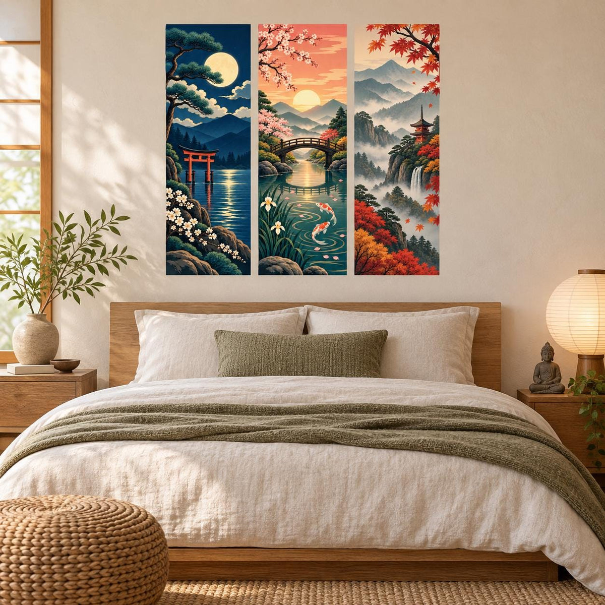 Japanese scenery wall sticker with koi fish swimming below a bridge and a pagoda near a waterfall.