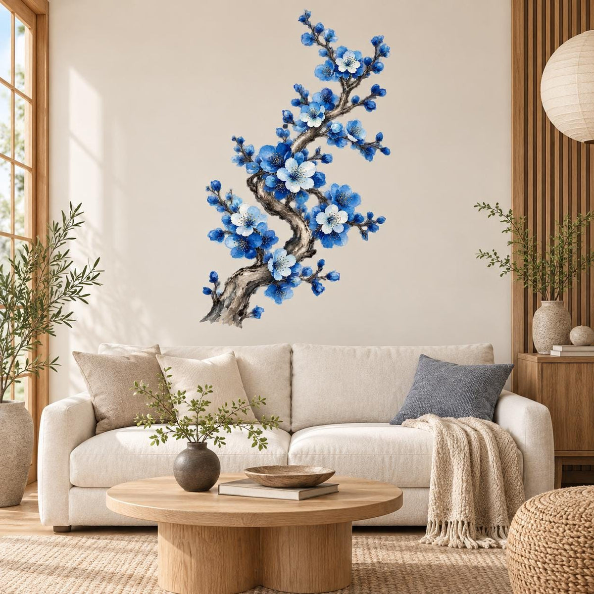 Vertical blue flower wall decal with small blue buds and blossoms along a winding brown branch.