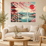 Mount Fuji triptych wall decal with cherry blossoms, a red pagoda and torii gate above turquoise water.