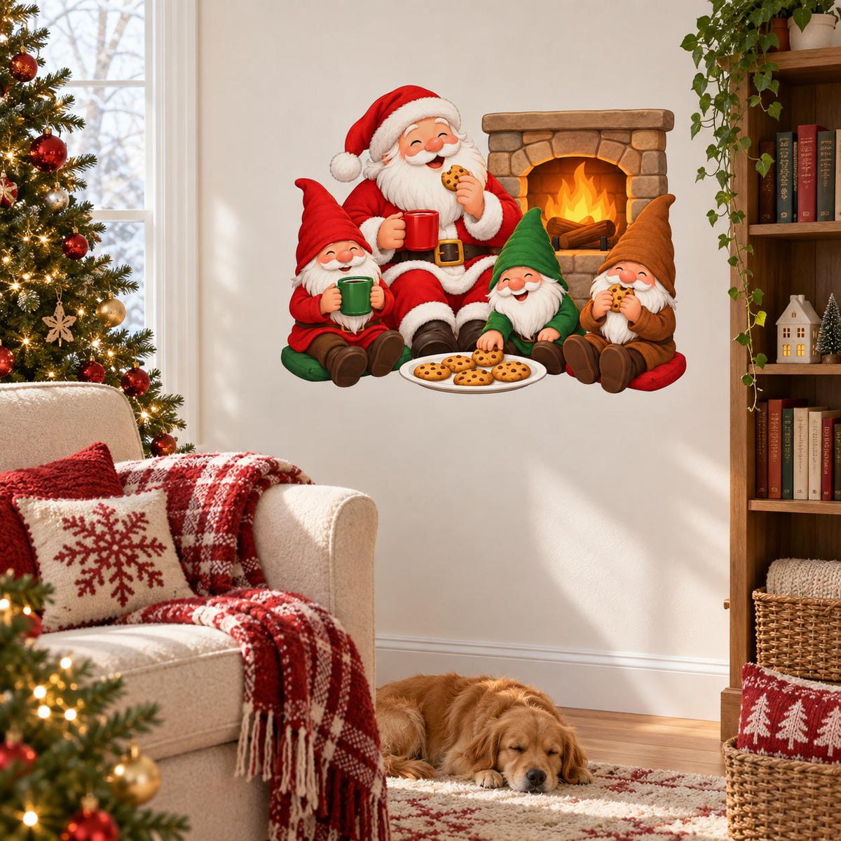 Festive Santa and gnomes wall art with a stone fireplace and cookies for Christmas room decor.