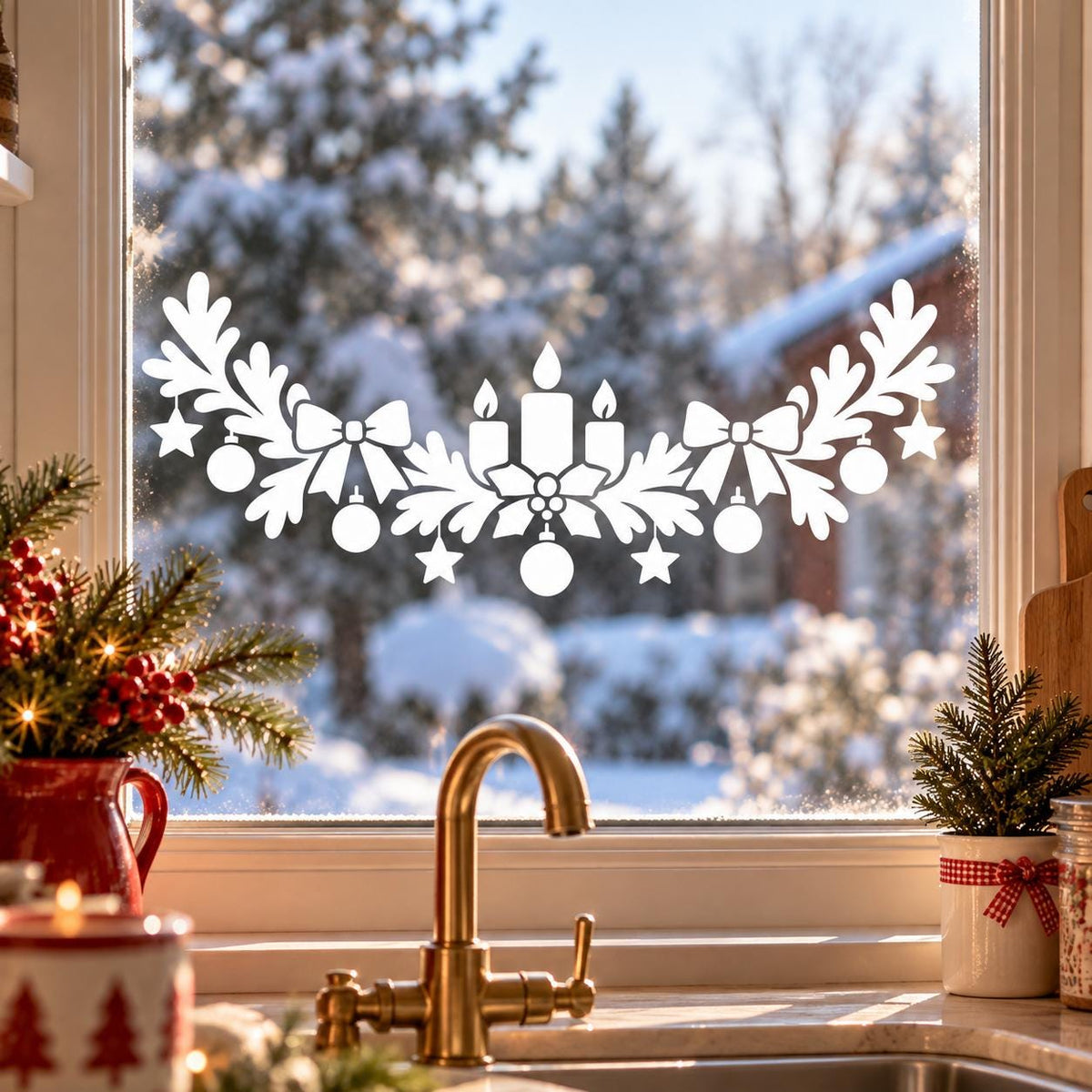 Christmas Window Decal | White Christmas Window Sticker | Candle Pine Bow Decor | Holiday Glass Decoration | Festive Winter Window Ornaments