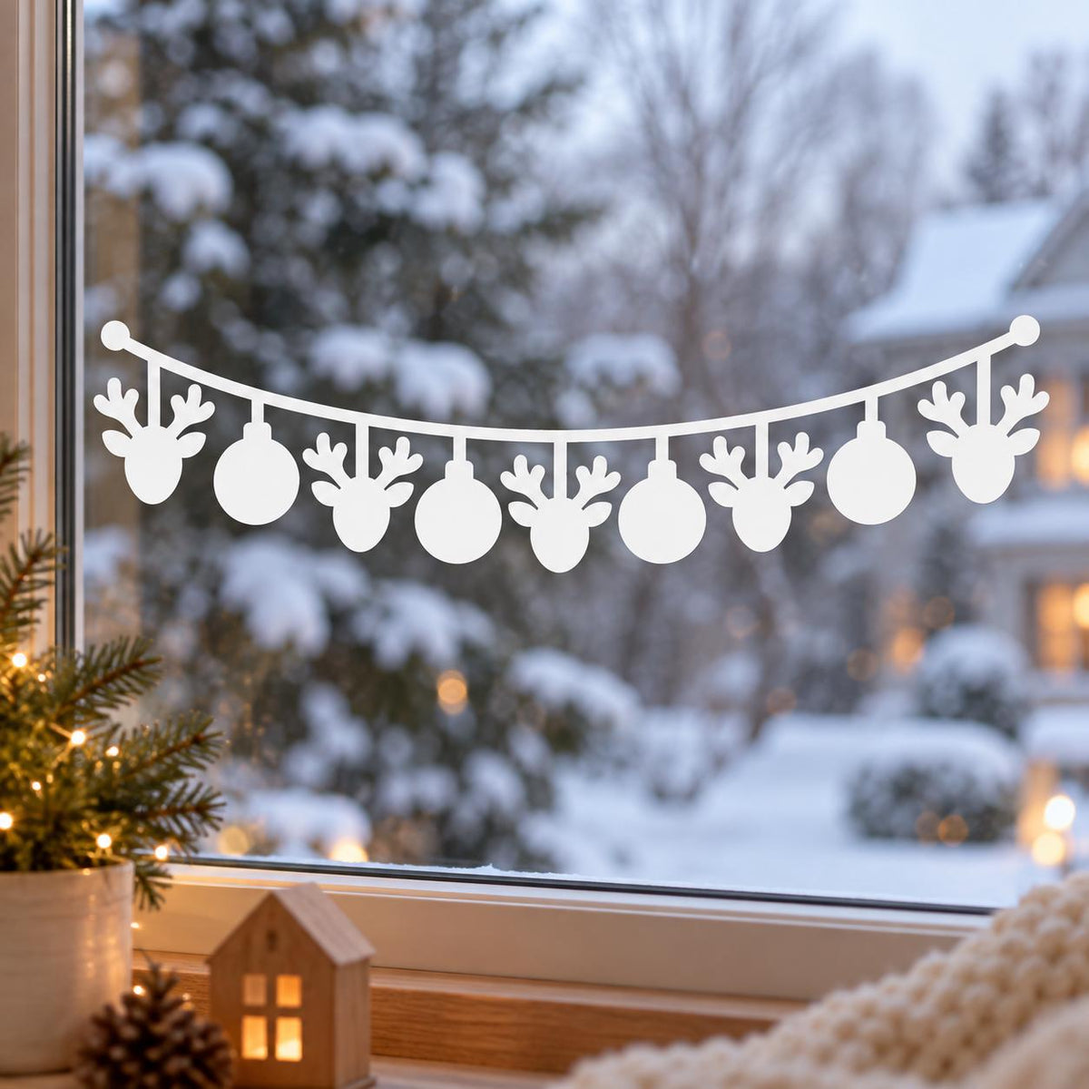 Christmas Garland Window Decal | Reindeer Ornament Window Sticker | Holiday Glass Decor | White Christmas Window Art | Festive Kitchen Decor
