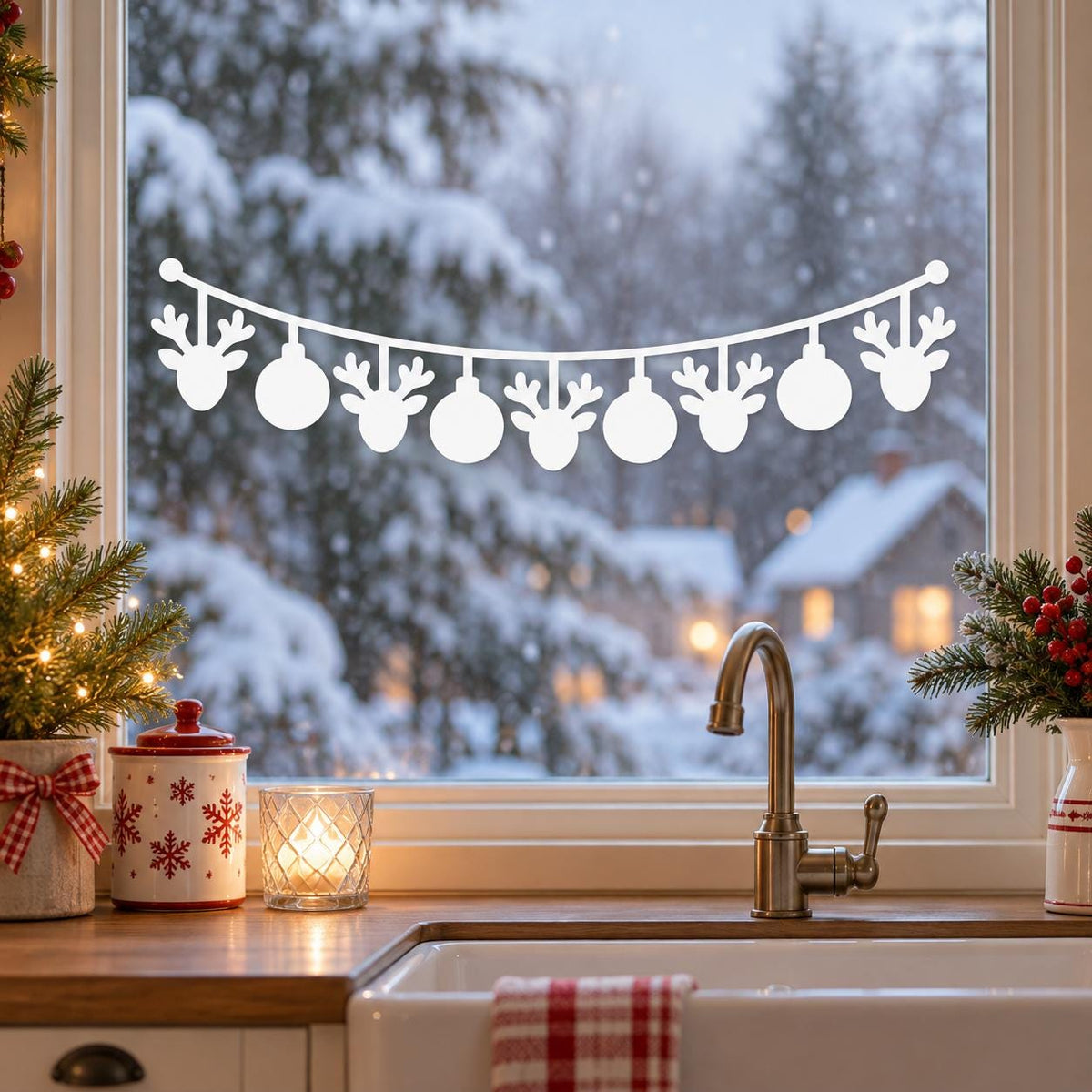 White Christmas garland window decal with alternating reindeer head silhouettes and round hanging ornaments on kitchen glass.