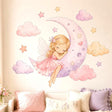 Sleeping blonde fairy in a pink dress resting on a lavender crescent moon, surrounded by pastel clouds, stars and hearts.