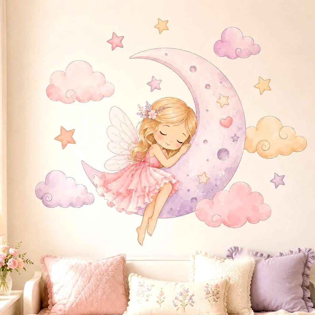 Sleeping blonde fairy in a pink dress resting on a lavender crescent moon, surrounded by pastel clouds, stars and hearts.