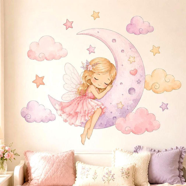 Sleeping blonde fairy in a pink dress resting on a lavender crescent moon, surrounded by pastel clouds, stars and hearts.